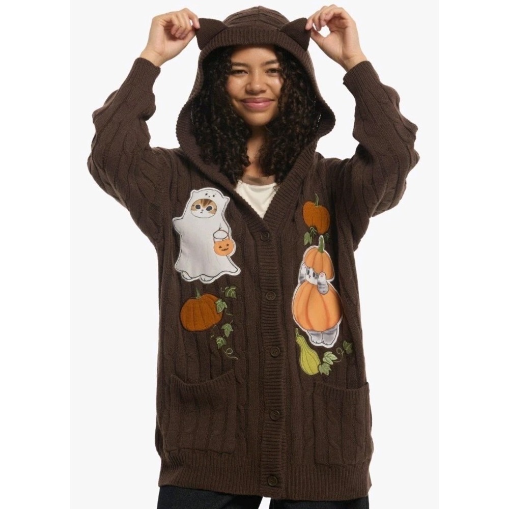 NEW Mofusand Cats Halloween Pumpkins Embroidered Cable Knit Hooded Cardigan XL